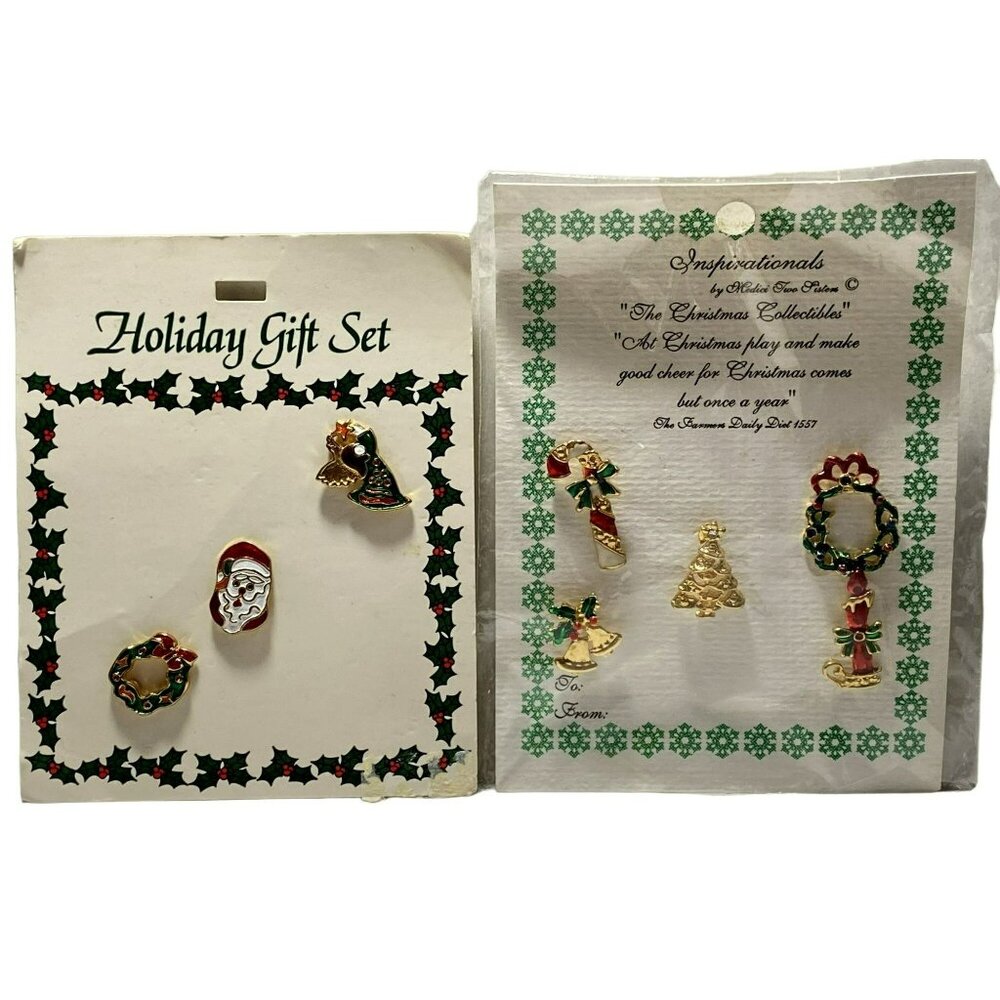 Christmas Holiday Pins Vtg 8 Pcs Enamel Multiolor Santa Bell Wreath Angel + NEW